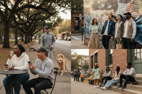 Male and female doing every day things while wearing Georgia Boi Apparel 